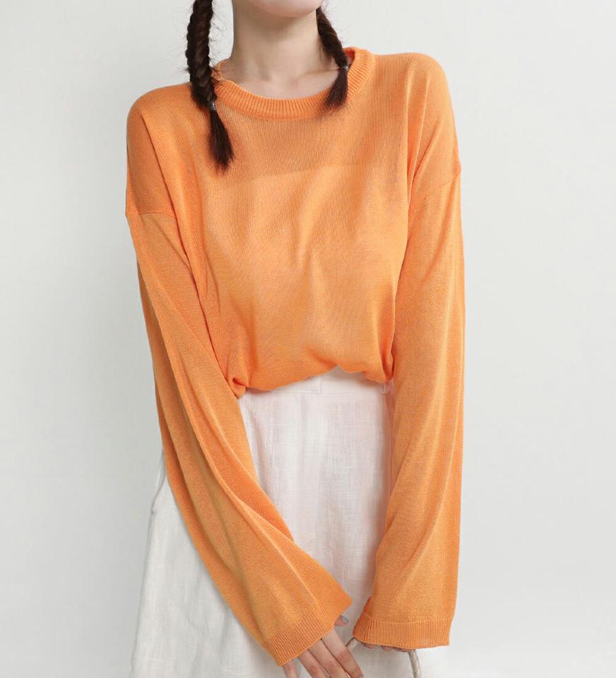 ルーズシアーニット・全6色・t67416 レディース 【tops】トップス ニット 長袖 ルーズ ゆったり シアー 透け感 単色 無地 シンプル ベーシック カジュアル ラフ ラウンドネック オレンジ 透けニット サマーニット カラーニット 春 夏 韓国ファッション