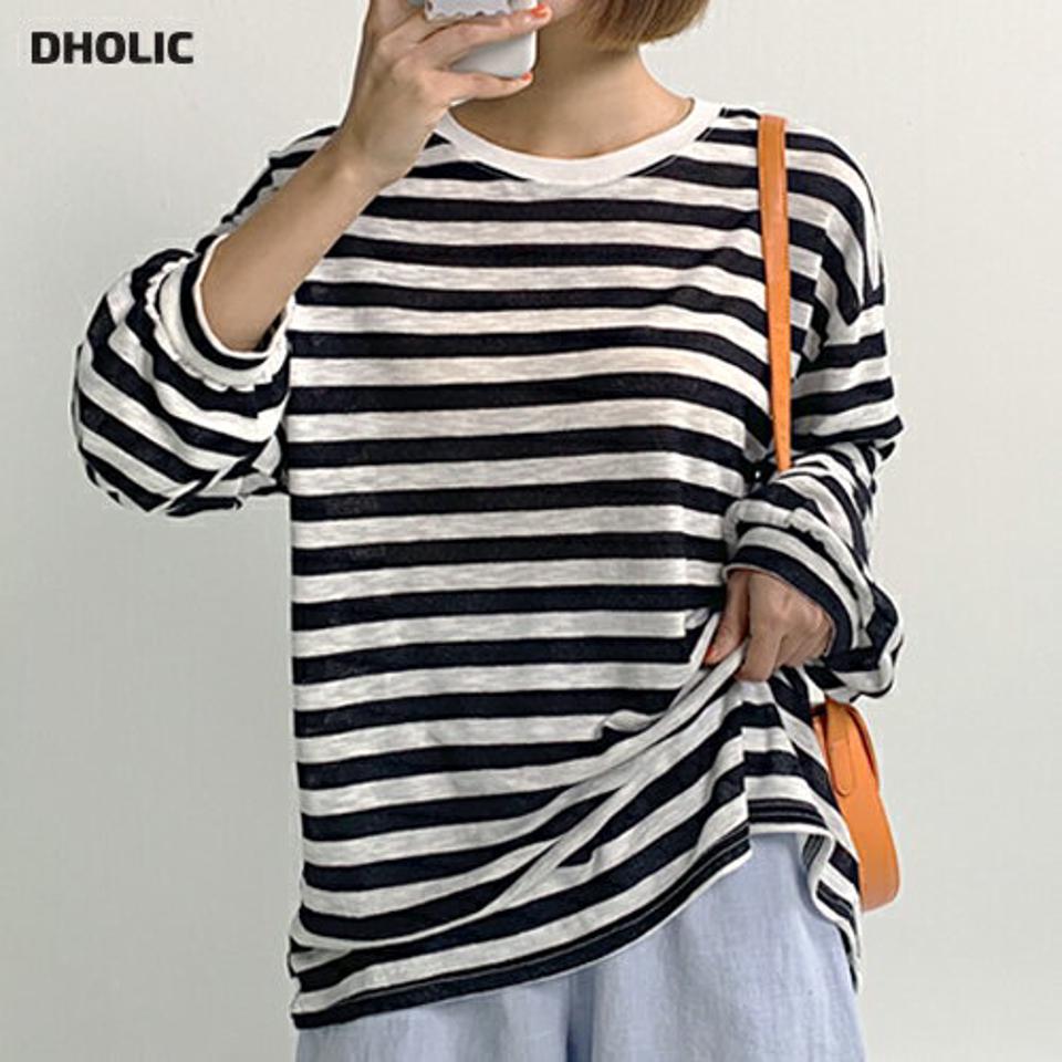 ボーダールーズTシャツ・全4色・t67413 レディース 【tops】トップス Tシャツ 長袖 ロンT ボーダー柄 ルーズ ゆったり ラウンドネック カジュアル ラフ オーバーサイズ ドロップショルダー 春 夏 韓国ファッション
