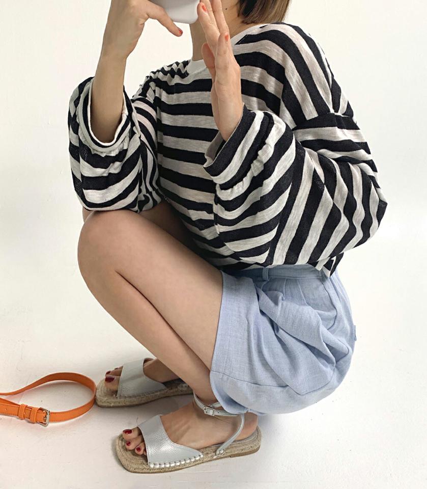 ボーダールーズTシャツ・全4色・t67413 レディース 【tops】トップス Tシャツ 長袖 ロンT ボーダー柄 ルーズ ゆったり ラウンドネック カジュアル ラフ オーバーサイズ ドロップショルダー 春 夏 韓国ファッション