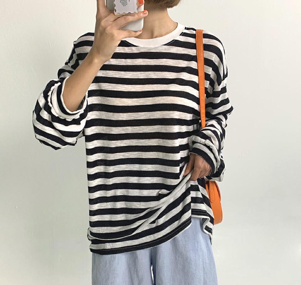 ボーダールーズTシャツ・全4色・t67413 レディース 【tops】トップス Tシャツ 長袖 ロンT ボーダー柄 ルーズ ゆったり ラウンドネック カジュアル ラフ オーバーサイズ ドロップショルダー 春 夏 韓国ファッション