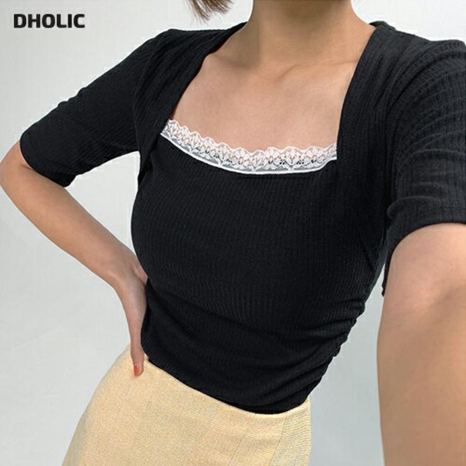 レースネックギャザーTシャツ・全3色・t67408 レディース 【tops】トップス Tシャツ 半袖 ギャザー スクエアネック レース デコルテ フェミニン シンプル 大人 レイヤード風 夏 韓国ファッション