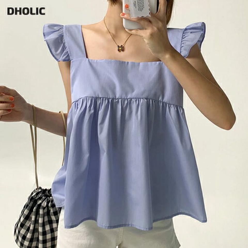ショルダーフリルフレアブラウス・全4色・t67419 レディース 【bl】トップス ブラウス スリーブレス ノースリーブ フリル 袖コン 二の腕カバー フレア お腹カバー スクエアネック デコルテ 単色 ガーリー かわいい ギャザー 青 夏 韓国ファッション