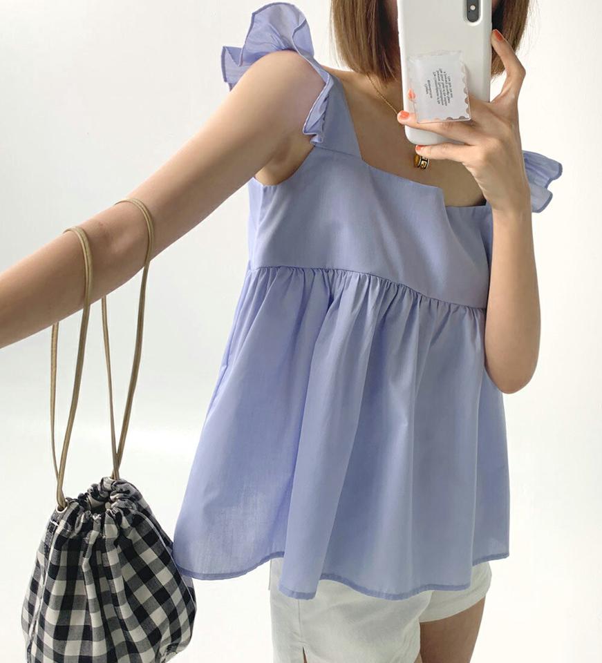 ショルダーフリルフレアブラウス・全4色・t67419 レディース 【bl】トップス ブラウス スリーブレス ノースリーブ フリル 袖コン 二の腕カバー フレア お腹カバー スクエアネック デコルテ 単色 ガーリー かわいい ギャザー 青 夏 韓国ファッション