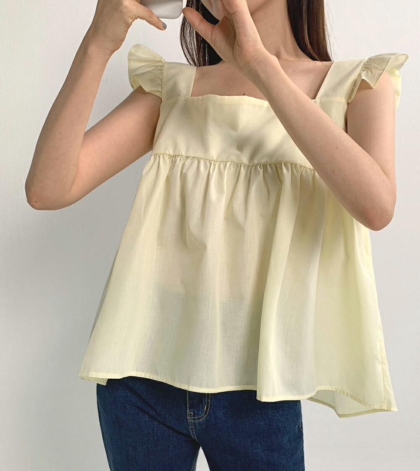 ショルダーフリルフレアブラウス・全4色・t67419 レディース 【bl】トップス ブラウス スリーブレス ノースリーブ フリル 袖コン 二の腕カバー フレア お腹カバー スクエアネック デコルテ 単色 ガーリー かわいい ギャザー 青 夏 韓国ファッション
