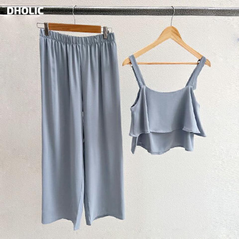 ラッフルノースリーブ&パンツSET・全3色・t00891 レディース 【pt】セットアップ セット setup トップス ノースリーブ スリーブレス 鎖骨 デコルテ パンツ ロング丈 単色 無地 シンプル パステル 楽ちん 春 夏 青 韓国ファッション ハイホリHIHOLLI