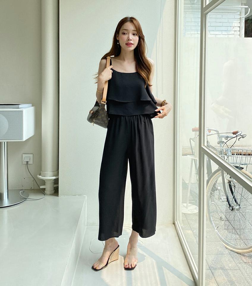 ラッフルノースリーブ&パンツSET・全3色・t00891 レディース 【pt】セットアップ セット setup トップス ノースリーブ スリーブレス 鎖骨 デコルテ パンツ ロング丈 単色 無地 シンプル パステル 楽ちん 春 夏 青 韓国ファッション ハイホリHIHOLLI
