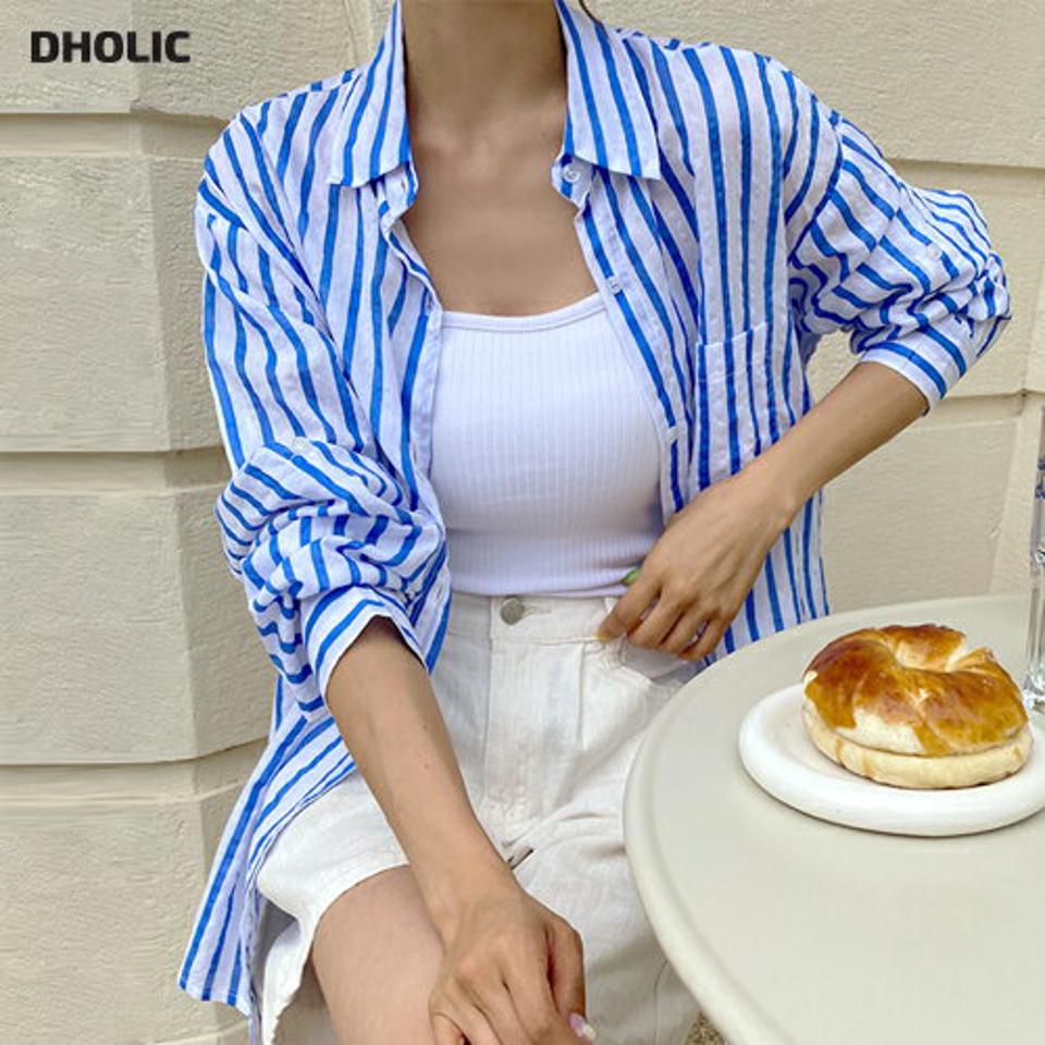 リンクルストライプシャツ・全3色・t66952 レディース 【bl】トップス シャツ 長袖 ストライプ柄 爽やか リンクル 大人 カジュアル 襟 ラウンドヘム ポケット 大人 水色 きれいめ シワ加工 春 夏 韓国ファッション