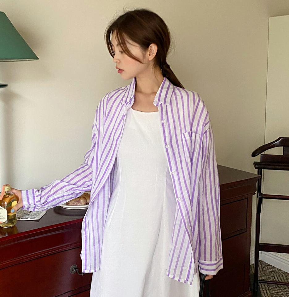 リンクルストライプシャツ・全3色・t66952 レディース 【bl】トップス シャツ 長袖 ストライプ柄 爽やか リンクル 大人 カジュアル 襟 ラウンドヘム ポケット 大人 水色 きれいめ シワ加工 春 夏 韓国ファッション