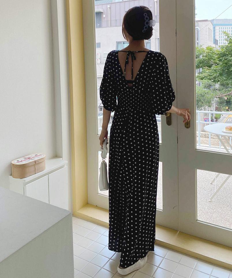 ドットVネックリボンオールインワン・全2色・t66959 レディース 【pt】オールインワン パンツ ズボン ワイド ロングパンツ りぼん ドット柄 Vネック 半袖 ハーフスリーブ バルーンスリーブ かわいい ギャザー 二の腕カバー 夏 韓国ファッション