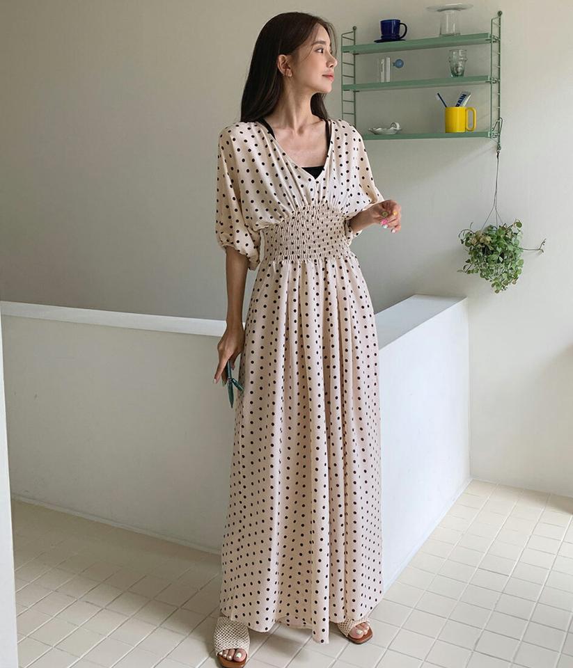 ドットVネックリボンオールインワン・全2色・t66959 レディース 【pt】オールインワン パンツ ズボン ワイド ロングパンツ りぼん ドット柄 Vネック 半袖 ハーフスリーブ バルーンスリーブ かわいい ギャザー 二の腕カバー 夏 韓国ファッション