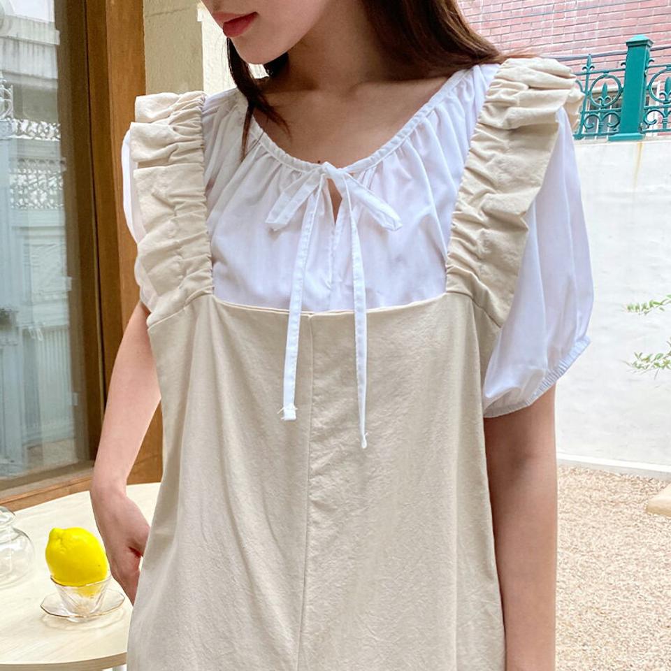 ネックリボンパフブラウス・全4色・t66951 レディース 【bl】トップス ブラウス 半袖 パフスリーブ ラウンドネック りぼん 単色 無地 シンプル ガーリー かわいい 可愛い ギャザー ラグラン 水色 二の腕カバー パステル 大人 夏 韓国ファッション