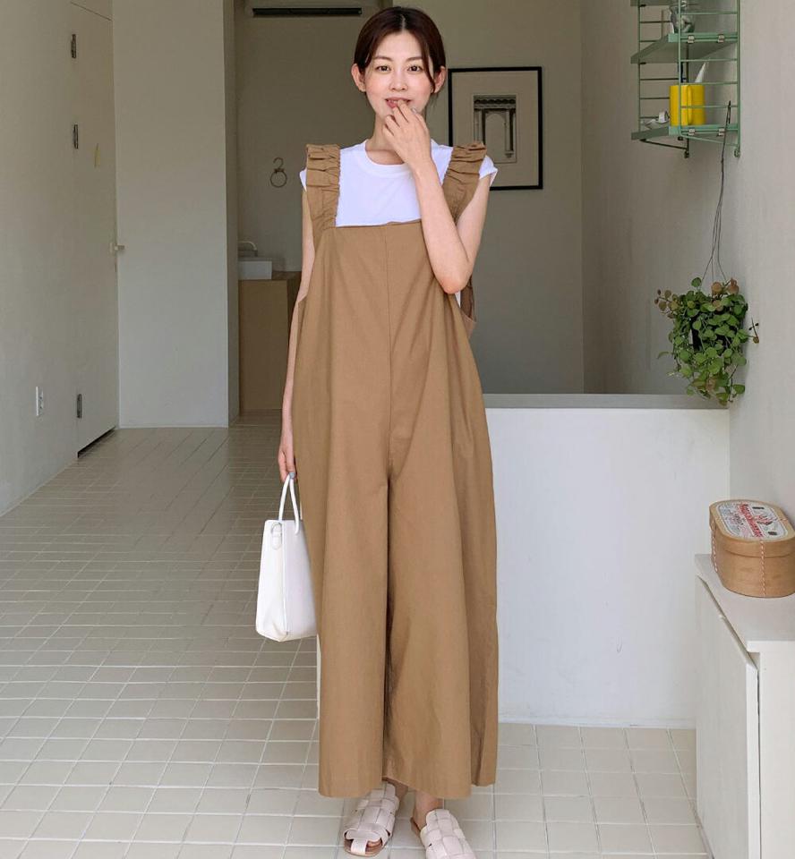 【10%OFF】リネン混ワイドオールインワン・全3色・t66958 レディース 【pt】オールインワン パンツ ズボン ロングパンツ ワイド スリーブレス ノースリーブ フリル リネン 単色 無地 かわいい 可愛い レイヤード ガーリー ベージュ 春 夏 韓国ファッション セール SALE