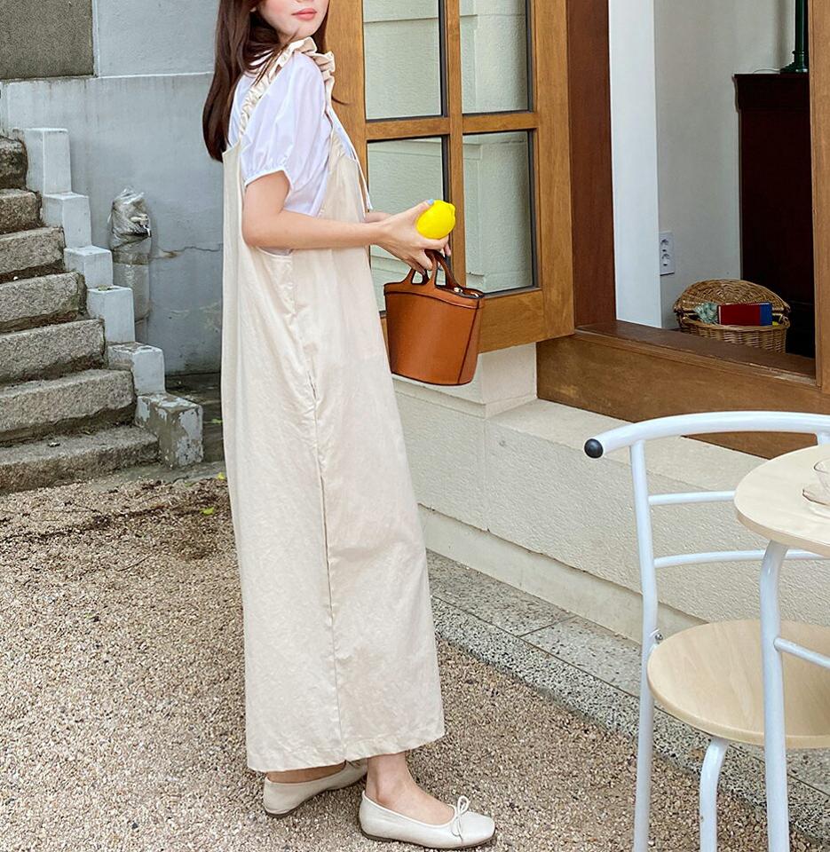 【10%OFF】リネン混ワイドオールインワン・全3色・t66958 レディース 【pt】オールインワン パンツ ズボン ロングパンツ ワイド スリーブレス ノースリーブ フリル リネン 単色 無地 かわいい 可愛い レイヤード ガーリー ベージュ 春 夏 韓国ファッション セール SALE