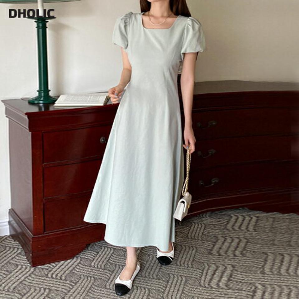 バックスリットリボンワンピース・全3色・t66956 レディース 【ops】ワンピース ロング丈 半袖 パフスリーブ スクエアネック 単色 無地 シンプル フレア スリット フェミニン きれいめ 大人 上品 夏 韓国ファッション