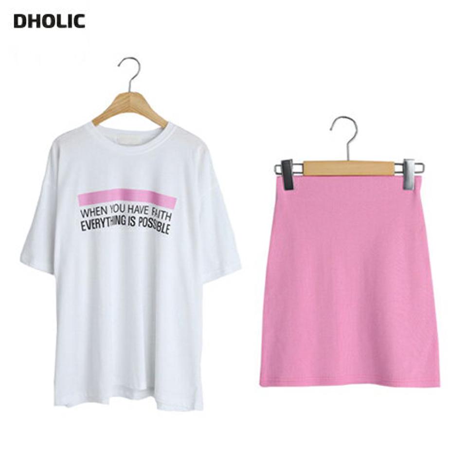 【10%OFF】レタリングルーズTシャツ&ニットタイトスカートSET・全3色・t66965 レディース 【sk】セットアップ setup トップス Tシャツ 半袖 ロゴ レタリング ゆったり ミニスカート タイト ニット 単色 無地 シンプル カジュアル ピンク 夏 韓国ファッション セール SALE
