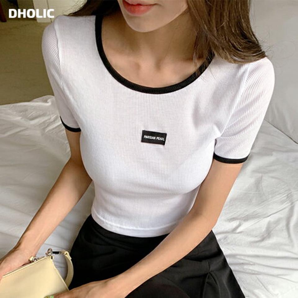 【10%OFF】レタリングパッチ配色Tシャツ・全3色・t66948 レディース 【tops】トップス Tシャツ 半袖 ラウンドネック 配色 ロゴ ワンポイント リブ カジュアル レタリング クロップド丈 ラフ 夏 韓国ファッション セール SALE