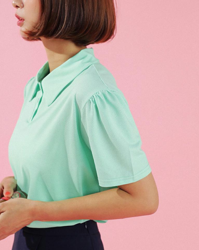 メッシュポロカラーTシャツ・全4色・b02875 レディース 【tops】トップス Tシャツ ポロシャツ ポロ襟 メッシュ 半袖 通気性 単色 無地 シンプル カジュアル UVカット素材 速乾性 冷感 パステル 運動 夏 韓国ファッション GOLFWEAR ゴルフウェア