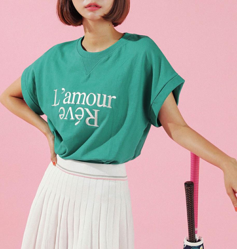 刺繍レタリングロールアップTシャツ・全3色・b02859 レディース 【tops】トップス Tシャツ 半袖 ロゴ ロゴT レタリング 刺繍 カジュアル ラフ ラウンドネック ショートスリーブ 緑 青 春 夏 韓国ファッション GOLFWEAR ゴルフウェア