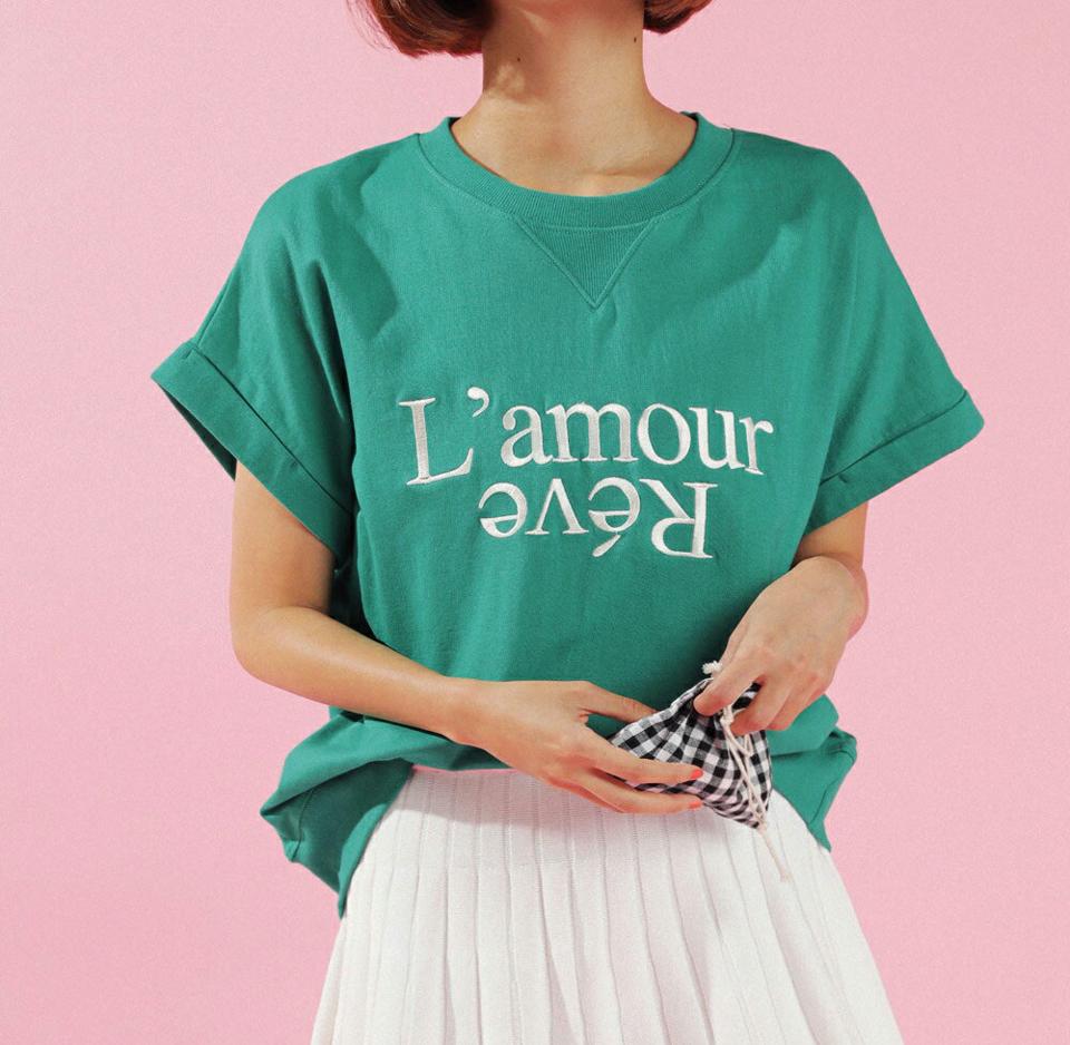 刺繍レタリングロールアップTシャツ・全3色・b02859 レディース 【tops】トップス Tシャツ 半袖 ロゴ ロゴT レタリング 刺繍 カジュアル ラフ ラウンドネック ショートスリーブ 緑 青 春 夏 韓国ファッション GOLFWEAR ゴルフウェア