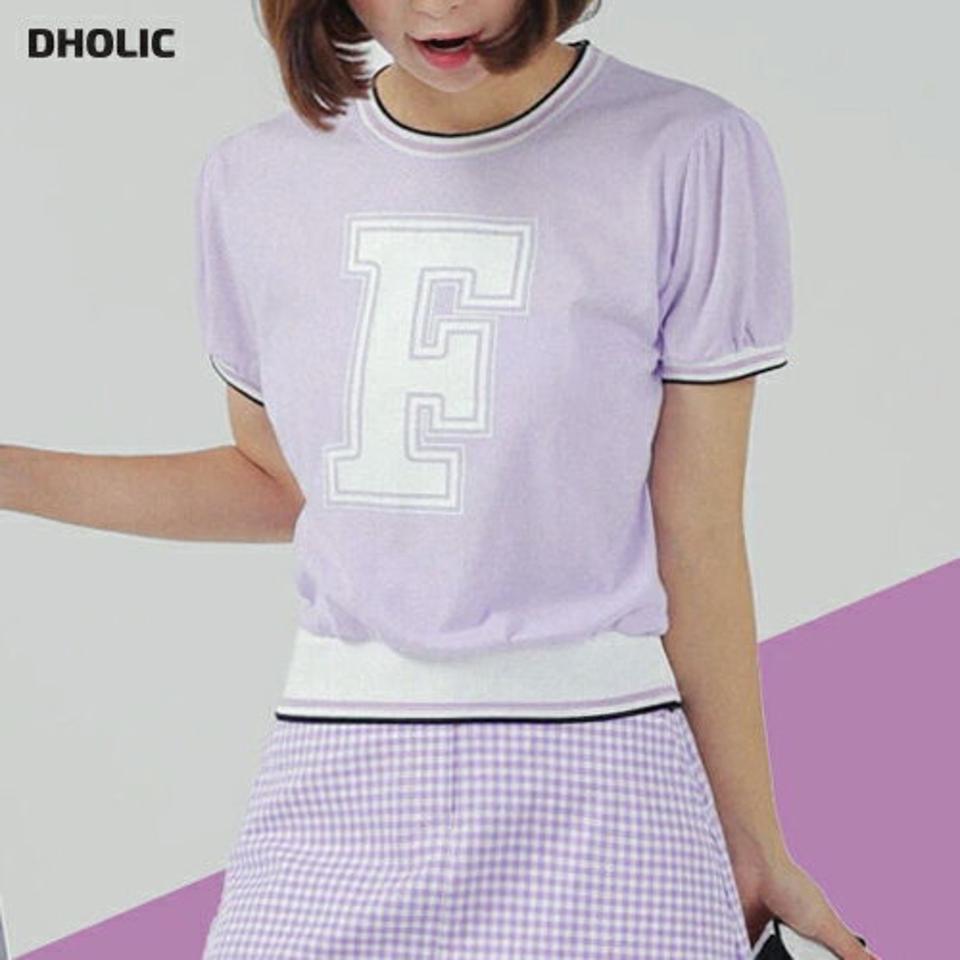 Fロゴ配色Tシャツ・全2色・b02906 レディース 【tops】トップス Tシャツ 半袖 配色 ロゴ イニシャル ラウンドネック パフスリーブ 紫 カジュアル 大人 夏 韓国ファッション GOLFWEAR ゴルフウェア