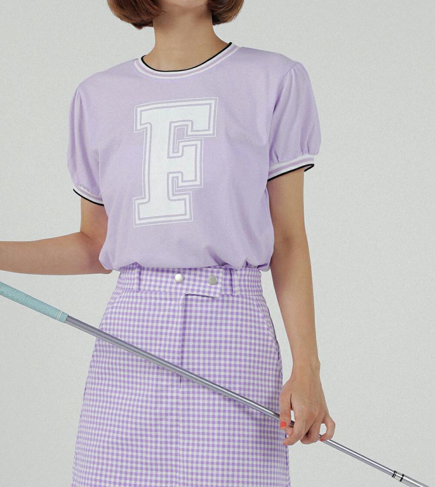 Fロゴ配色Tシャツ・全2色・b02906 レディース 【tops】トップス Tシャツ 半袖 配色 ロゴ イニシャル ラウンドネック パフスリーブ 紫 カジュアル 大人 夏 韓国ファッション GOLFWEAR ゴルフウェア