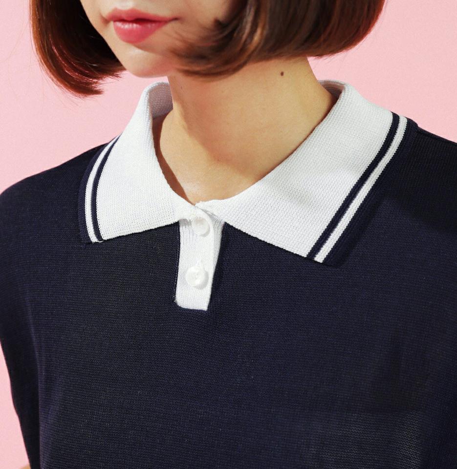 配色ポロカラーニット・全4色・t02873 レディース 【tops】トップス ニット 半袖 ポロ襟 配色 シンプル ライン カジュアル スポーティー かわいい 夏 韓国ファッション GOLFWEAR ゴルフウェア