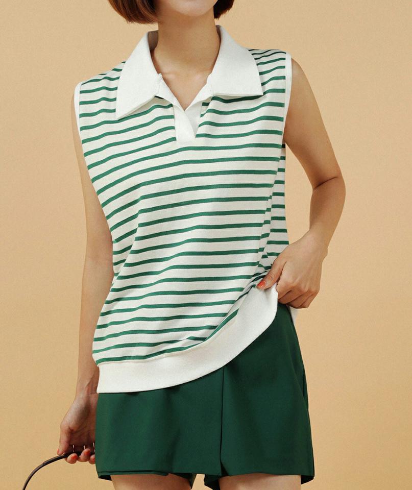 ボーダーカラーノースリーブ・全3色・t02862 レディース 【tops】トップス スリーブレス ノースリーブ タンクトップ ボーダー柄 ポロ襟 大人 スキッパー 開襟 カジュアル 爽やか 大人 緑 夏 韓国ファッション GOLFWEAR ゴルフウェア