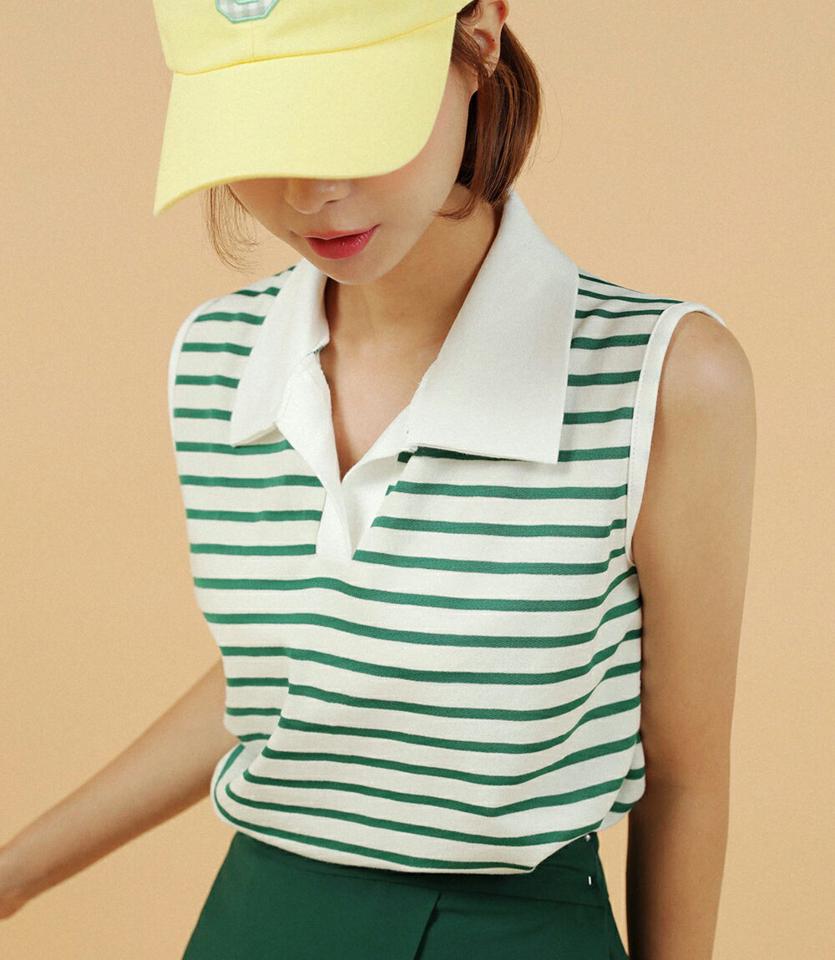 ボーダーカラーノースリーブ・全3色・t02862 レディース 【tops】トップス スリーブレス ノースリーブ タンクトップ ボーダー柄 ポロ襟 大人 スキッパー 開襟 カジュアル 爽やか 大人 緑 夏 韓国ファッション GOLFWEAR ゴルフウェア