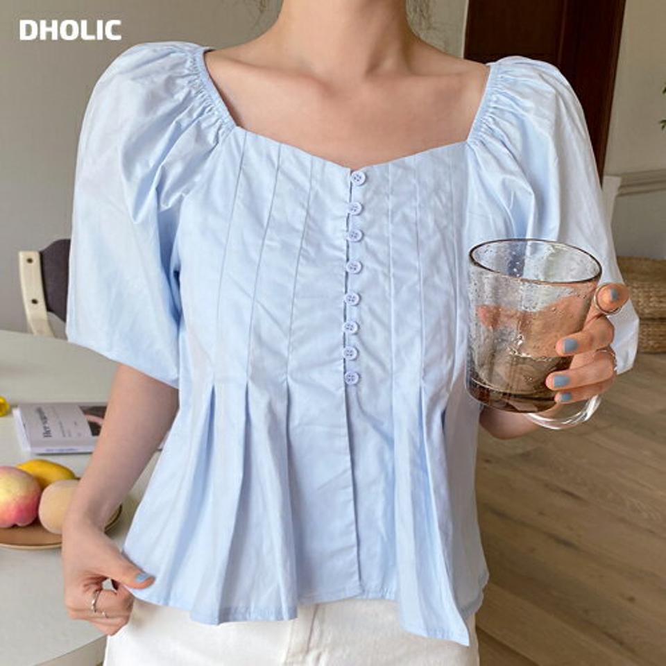 【10%OFF】2WAYボタンパフブラウス・全3色・b68100 レディース 【bl】トップス ブラウス 半袖 パフスリーブ ハーフスリーブ 二の腕カバー タック パステル 水色 ガーリー かわいい 可愛い フレア オフショルダー 肩出し 夏 韓国ファッション セール SALE