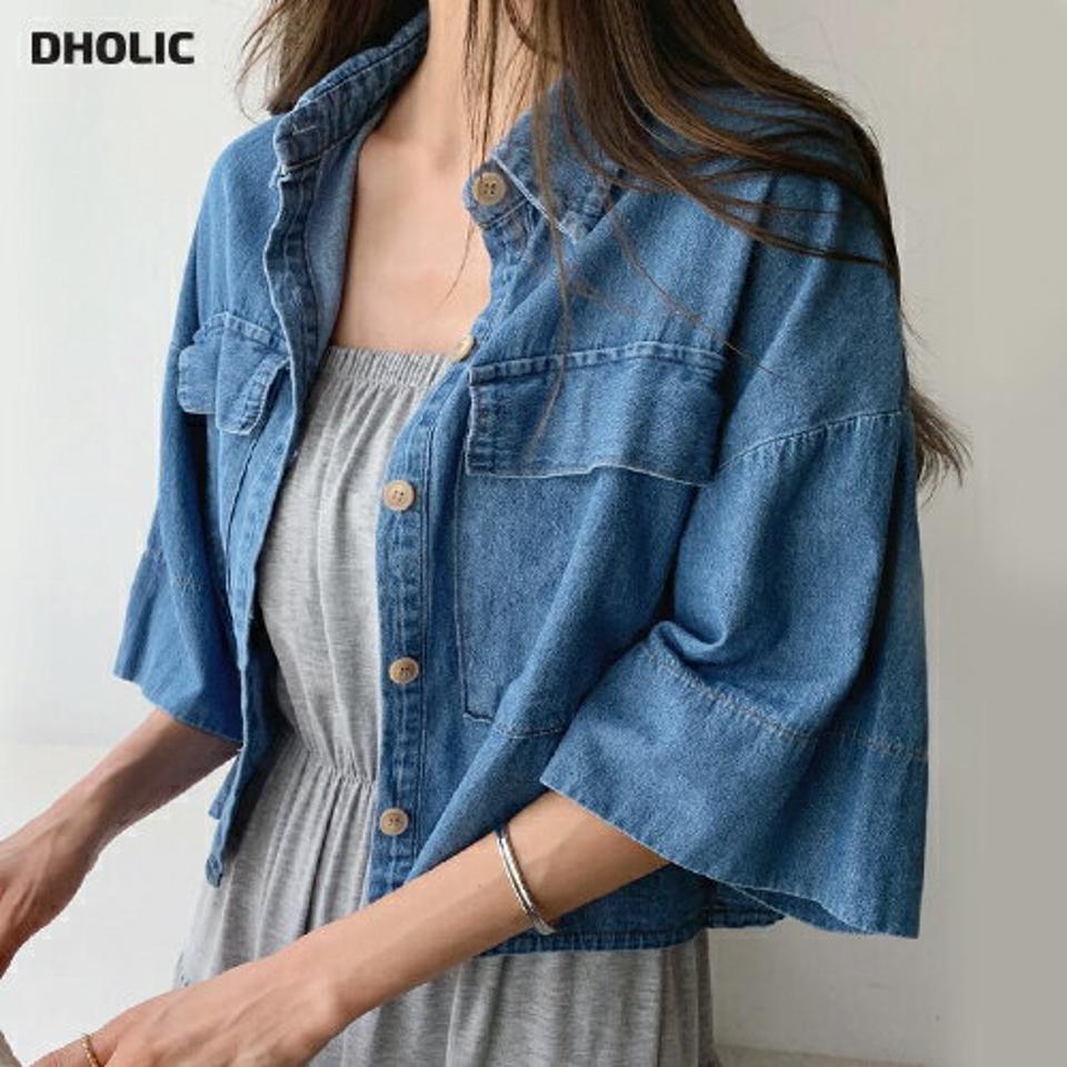 ビッグポケットクロップドデニムシャツ・全2色・t68128 レディース 【bl】トップス シャツ デニム ラフ カジュアル ゆったり 七分袖 七分丈 7分袖 7分丈 ドロップショルダー 春 夏 韓国ファッション