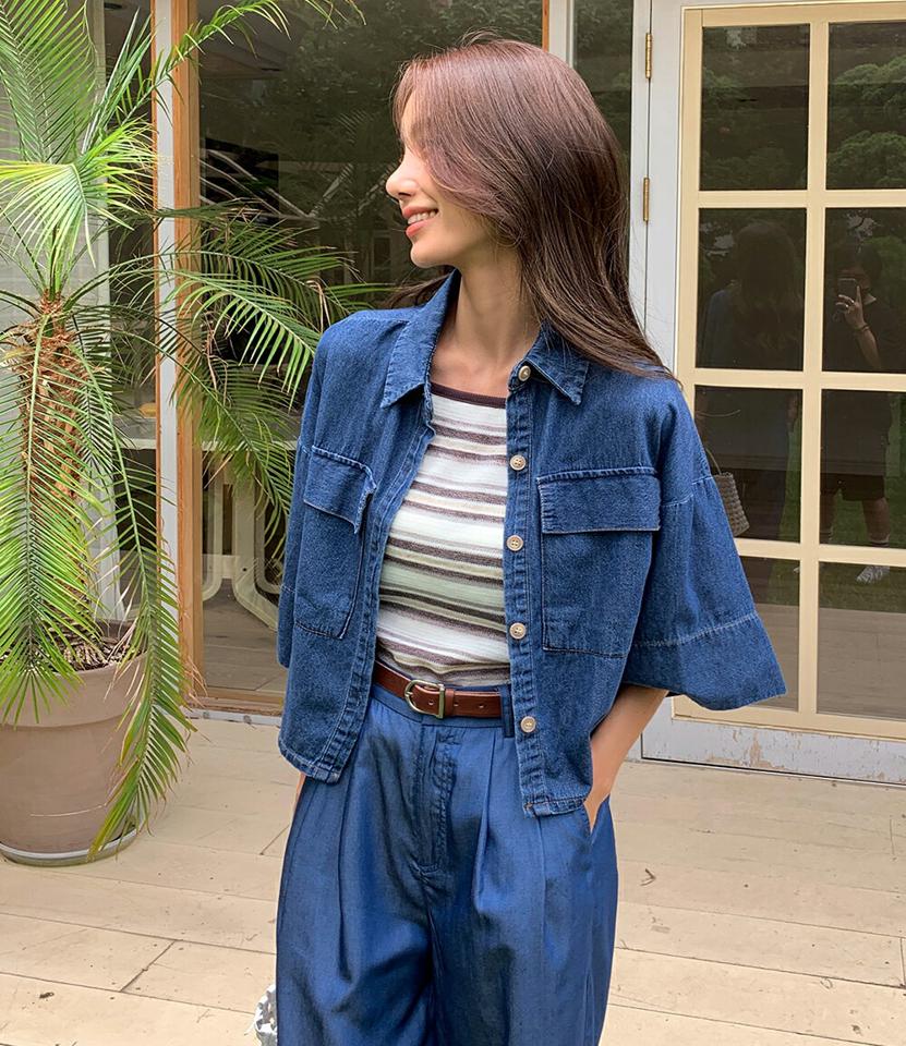 ビッグポケットクロップドデニムシャツ・全2色・t68128 レディース 【bl】トップス シャツ デニム ラフ カジュアル ゆったり 七分袖 七分丈 7分袖 7分丈 ドロップショルダー 春 夏 韓国ファッション