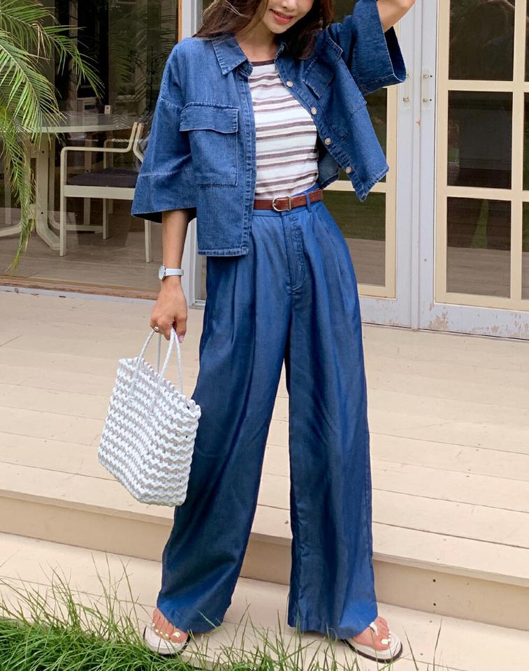 ビッグポケットクロップドデニムシャツ・全2色・t68128 レディース 【bl】トップス シャツ デニム ラフ カジュアル ゆったり 七分袖 七分丈 7分袖 7分丈 ドロップショルダー 春 夏 韓国ファッション