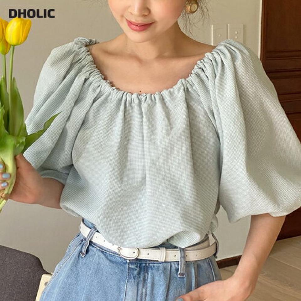 2WAYストリングチェックブラウス・全2色・t68099 レディース 【bl】トップス ブラウス 七分袖 七分丈 7分袖 7分丈 パフスリーブ 二の腕カバー オフショルダー 肩出し チェック柄 ゴム かわいい ガーリー デコルテ 鎖骨 夏 韓国ファッション