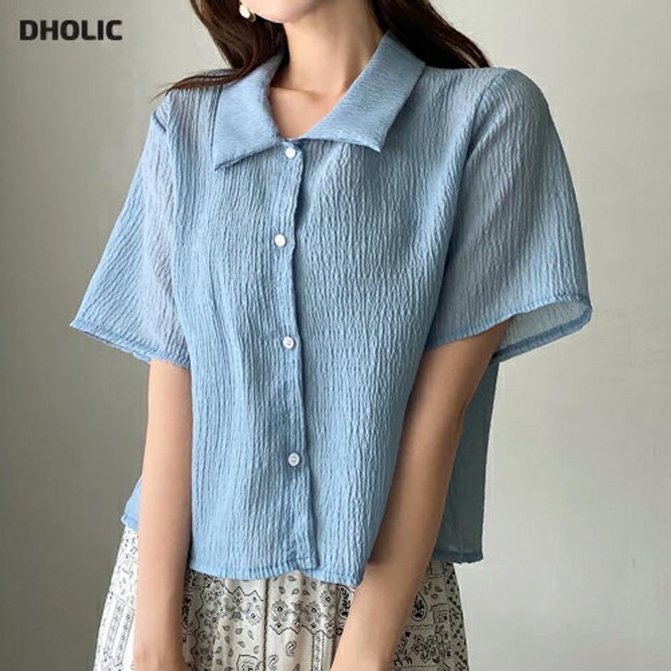 リンクルシアーシャツ・全4色・t68127 レディース 【bl】トップス シャツ 半袖 襟 リンクル シアー 単色 シンプル カジュアル 大人 くすみ 水色 夏 韓国ファッション