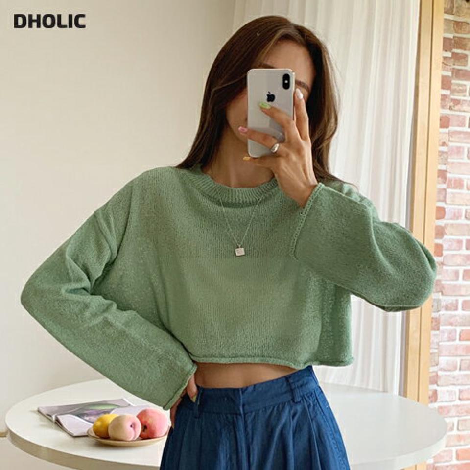 クロップドロールシアーニット・全6色・t68102 レディース 【tops】トップス 長袖 ニット ラウンドネック シアー 透け感 シースルー ロール お腹見せ へそ出し sky 単色 無地 シンプル ラフ カジュアル 韓スト 黄緑 春 秋 韓国ファッション