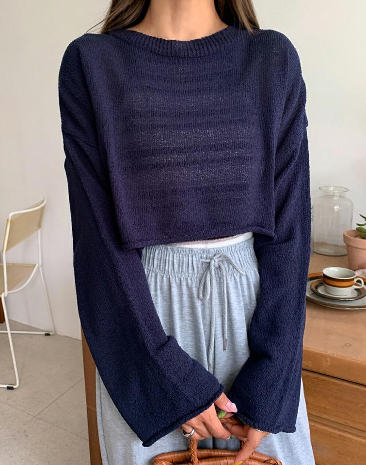 クロップドロールシアーニット・全6色・t68102 レディース 【tops】トップス 長袖 ニット ラウンドネック シアー 透け感 シースルー ロール お腹見せ へそ出し sky 単色 無地 シンプル ラフ カジュアル 韓スト 黄緑 春 秋 韓国ファッション