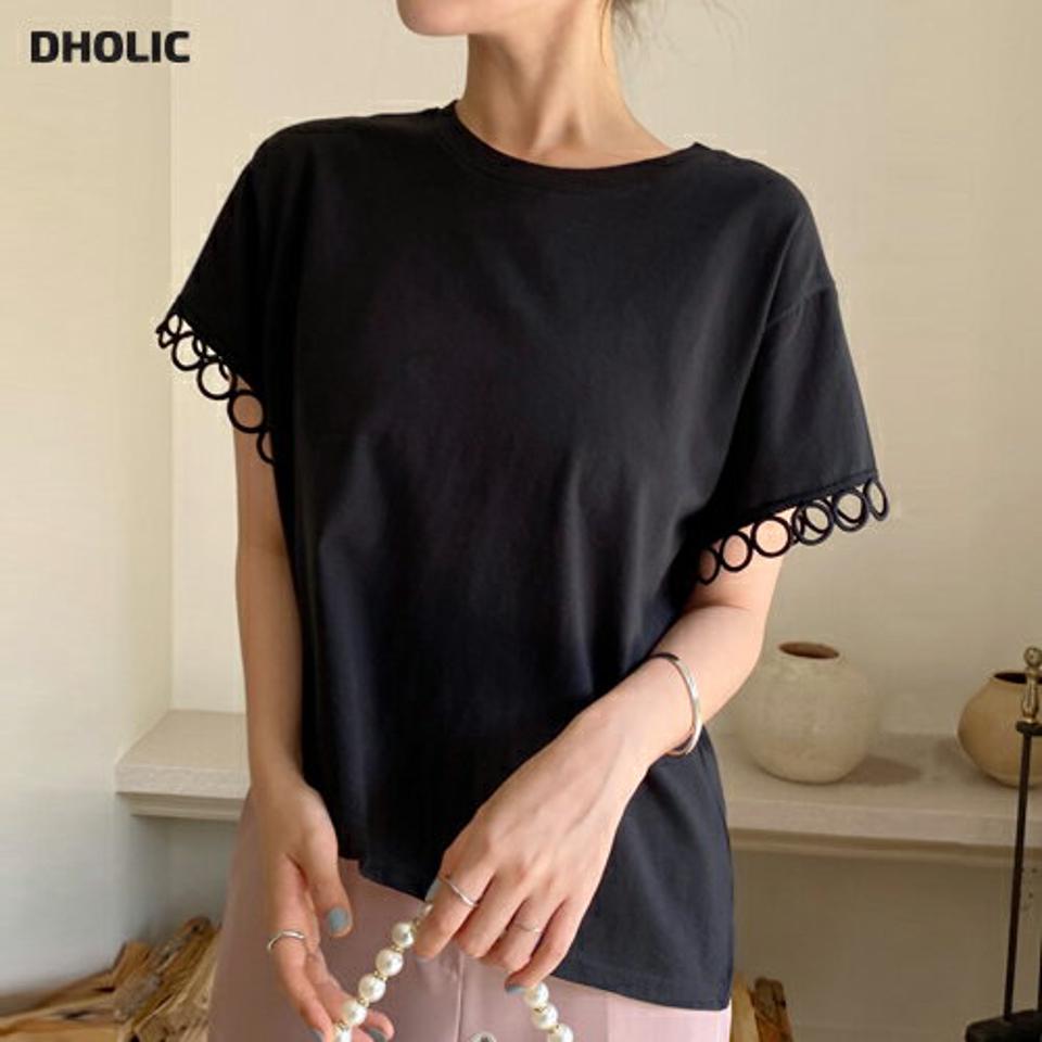 サークルレースアシメTシャツ・全2色・b68134 レディース 【tops】トップス Tシャツ 半袖 袖コン ラウンドネック レース 単色 無地 シンプル 大人 かわいい ルーズ コットン 綿 夏 韓国ファッション