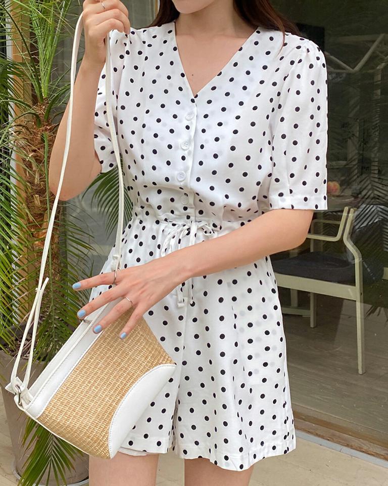 ストリング付ドットショートオールインワン・全2色・t68103 レディース 【pt】オールイワン ショートパンツ 短パン ドット柄 半袖 Vネック レトロ かわいい ガーリー 二の腕カバー ウエストゴム ワンマイルウェア 夏 韓国ファッション