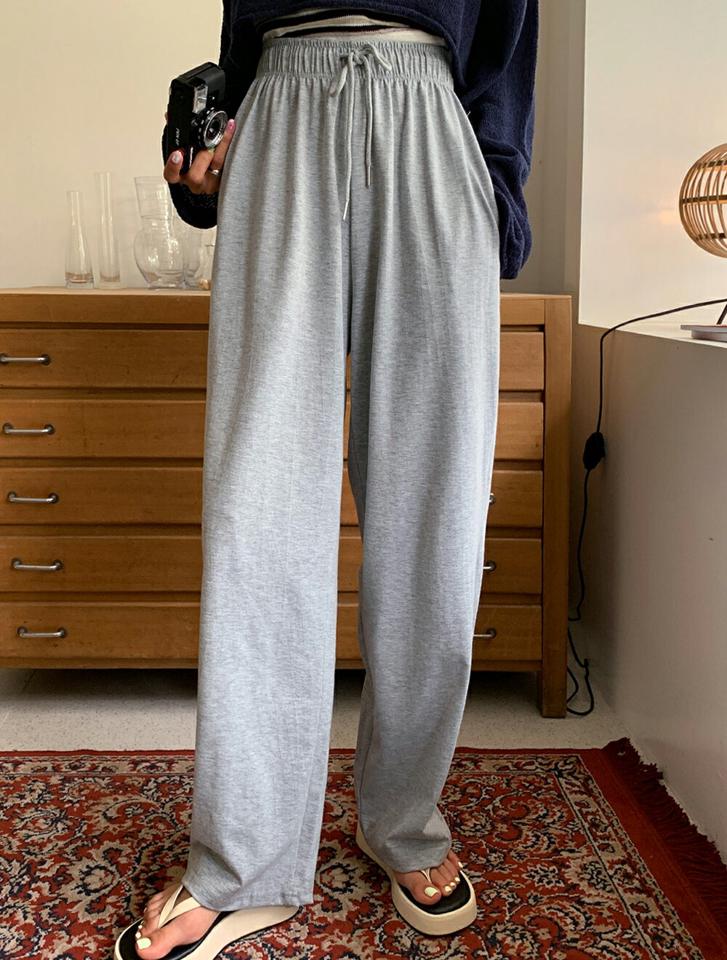 ストリング付ワイドスウェットパンツ・全5色・a68116 レディース 【pt】パンツ ズボン ウエストゴム ワイドパンツ 楽ちん ラフ 単色 無地 シンプル 黄色 ピンク ワンマイルウェア ハイウエスト 韓スト ストリート 春 夏 韓国ファッション