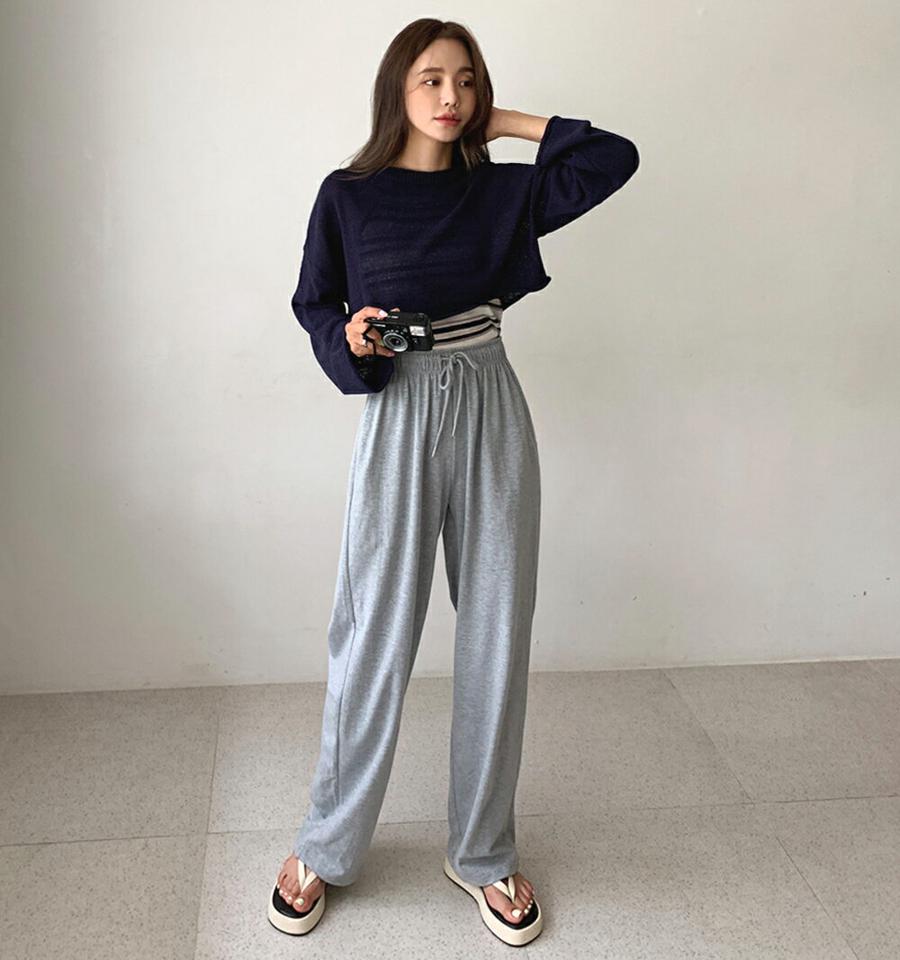 ストリング付ワイドスウェットパンツ・全5色・a68116 レディース 【pt】パンツ ズボン ウエストゴム ワイドパンツ 楽ちん ラフ 単色 無地 シンプル 黄色 ピンク ワンマイルウェア ハイウエスト 韓スト ストリート 春 夏 韓国ファッション