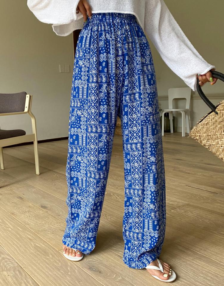 ペイズリーストレートパンツ・全3色・t68132 レディース 【pt】パンツ ズボン ワイドパンツ ロングパンツ ストレート ペイズリー柄 カジュアル ラフ 楽ちん ウエストゴム ハイウエスト 青 エスニック 夏 韓国ファッション