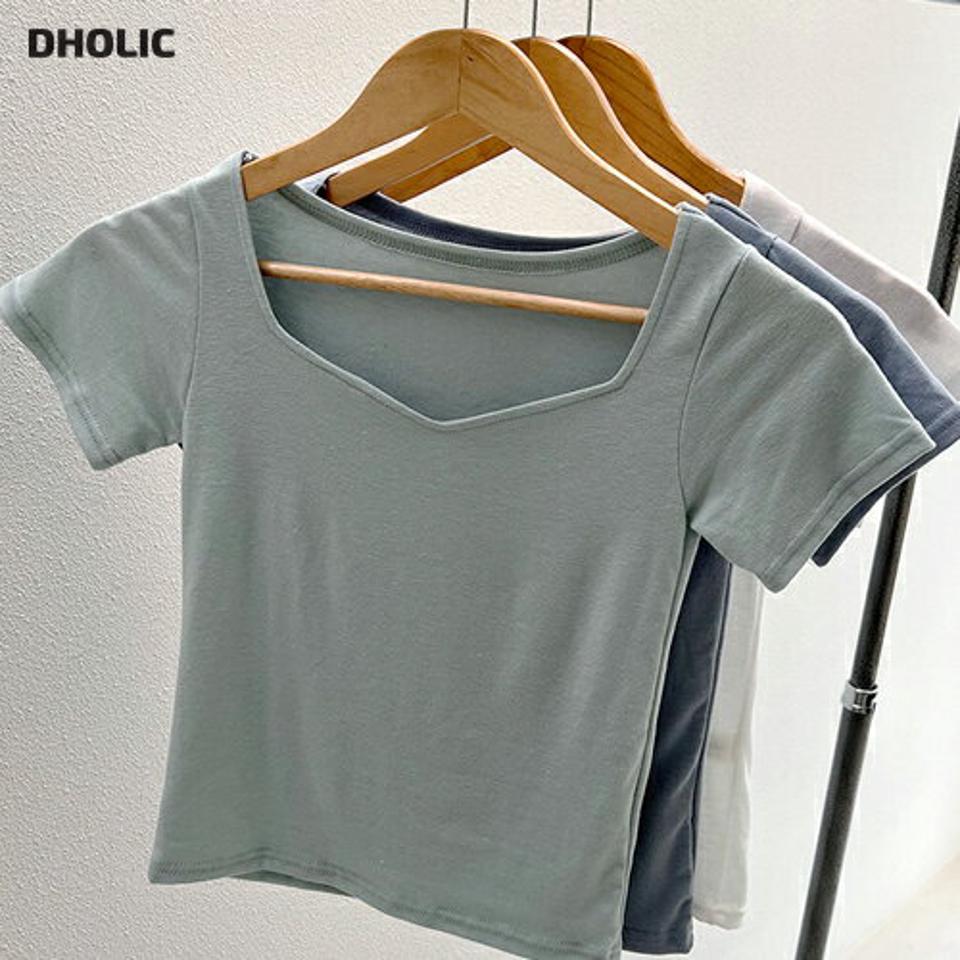 【10%OFF】ダイヤモンドネックTシャツ・全4色・t00851 レディース 【tops】トップス Tシャツ 半袖 単色 無地 シンプル ベーシック パステル ダイヤモンドネック 鎖骨 デコルテ スリム クロップド丈 春 夏 カジュアル 水色 韓国ファッション ハイホリHIHOLLI セール SALE