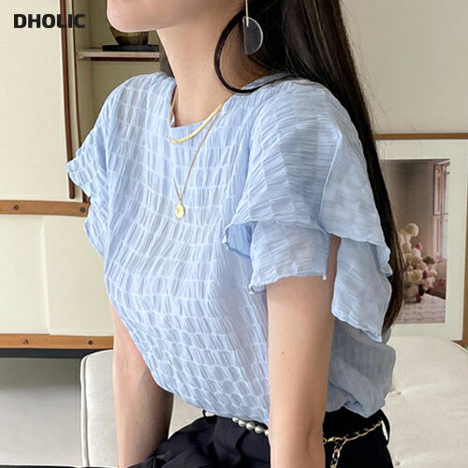 リンクルフレアブラウス・全3色・00857 レディース 【bl】ブラウス トップス 半袖 二の腕カバー 柄 模様 パステル リンクル フレア スリット 春 夏 フェミニン カジュアル かわいい 可愛い 水色 韓国ファッション ハイホリHIHOLLI