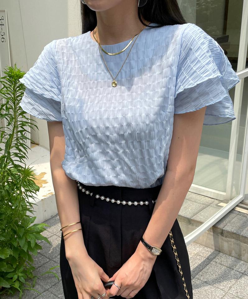 リンクルフレアブラウス・全3色・00857 レディース 【bl】ブラウス トップス 半袖 二の腕カバー 柄 模様 パステル リンクル フレア スリット 春 夏 フェミニン カジュアル かわいい 可愛い 水色 韓国ファッション ハイホリHIHOLLI