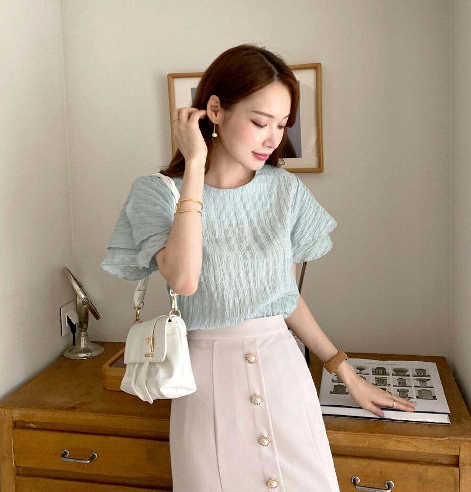 リンクルフレアブラウス・全3色・00857 レディース 【bl】ブラウス トップス 半袖 二の腕カバー 柄 模様 パステル リンクル フレア スリット 春 夏 フェミニン カジュアル かわいい 可愛い 水色 韓国ファッション ハイホリHIHOLLI