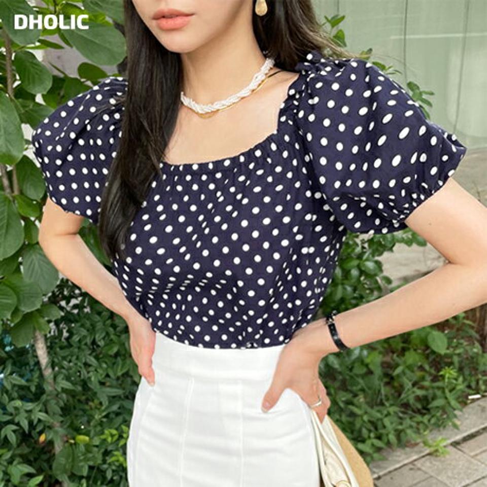 マルチWAYドットブラウス・全2色・t00858 レディース 【bl】ブラウス トップス 半袖 柄 模様 ドット柄 モノトーン パフ袖 パフスリーブ クロップド丈 綿 スクエアネック オフショル 春 夏 フェミニン 黒 韓国ファッション ハイホリHIHOLLI
