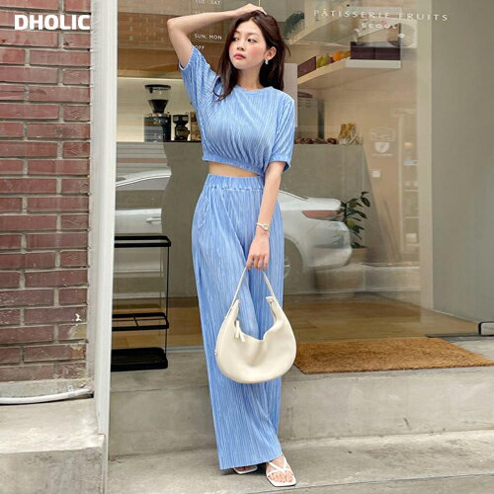 【10%OFF】プリーツクロップドTシャツ&ワイドパンツSET・全4色・t01047 レディース 【pt】セットアップ setup トップス Tシャツ 半袖 パンツ ズボン ウエストゴム ワイド プリーツ クロップド丈 フェミニン 大人 上品 水色 春 夏 韓国ファッション セール SALE