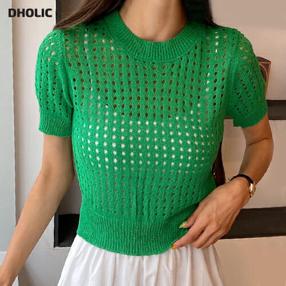 【10%OFF】パンチング半袖ニット・全4色・b01004 レディース 【tops】トップス ニット 半袖 パンチング 透け感 シースルー カジュアル ラウンドネック 緑 レイヤード サマーニット 透かし編み 夏 韓国ファッション セール SALE