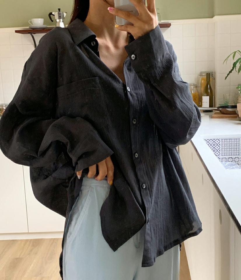 【10%OFF】リンクルバックスリットシアーシャツ・全3色・t01000 レディース 【bl】トップス シャツ 長袖 シアー 透け感 シースルー リンクル バックシャン スリット 襟 単色 無地 オーバーサイズ 体型カバー 大人 メンズライク 春 夏 韓国ファッション セール SALE