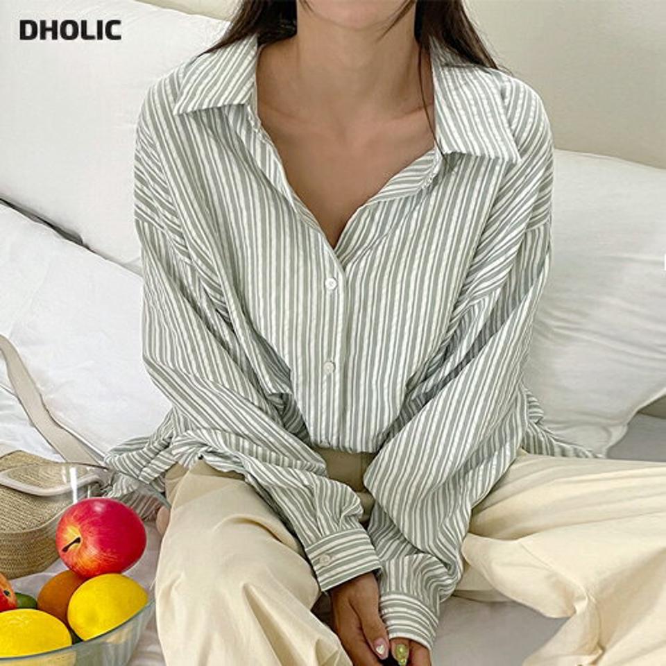 リンクルマルチストライプシャツ・全3色・t00999 レディース 【bl】トップス シャツ 長袖 ストライプ柄 マルチストライプ リンクル 大人 襟 爽やか カジュアル ドロップショルダー 黄緑 春 夏 韓国ファッション